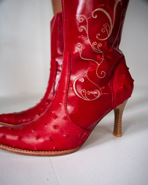 RED TEXTURED AND EMBROIDERED COWBOY HEELS