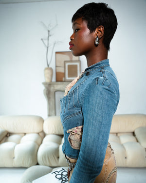 DENIM AND PATTERNED CORSET JACKET/TOP