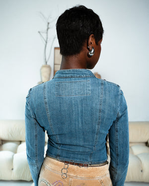 DENIM AND PATTERNED CORSET JACKET/TOP